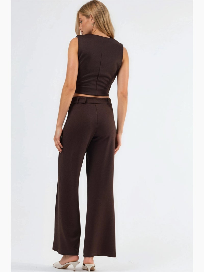 Broek met rechte pijp, hoge taille en riem busem Chocoladebruin - Kiabi