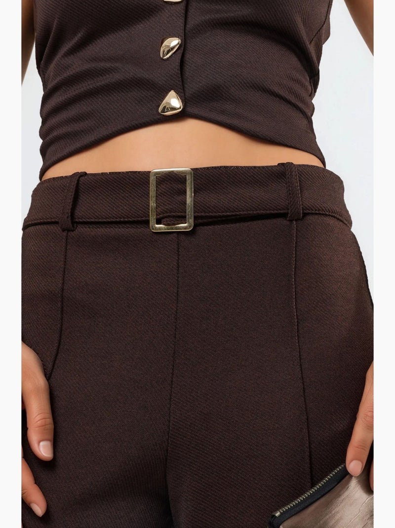 Broek met rechte pijp, hoge taille en riem busem Chocoladebruin - Kiabi