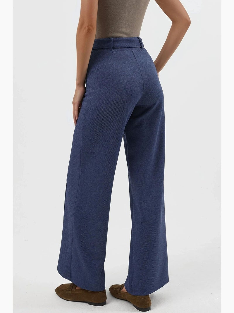 Broek met rechte pijp, hoge taille en riem busem Lagonblauw - Kiabi