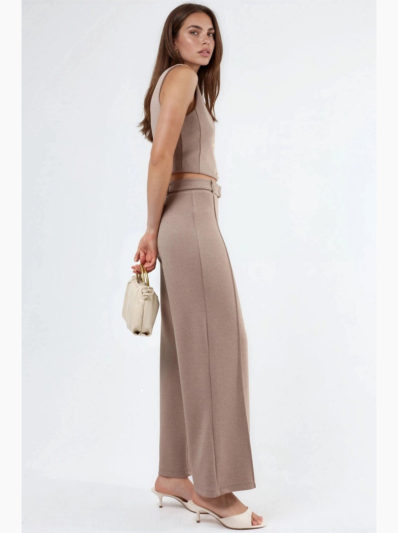 Broek met rechte pijp, hoge taille en riem busem Taupe - Kiabi