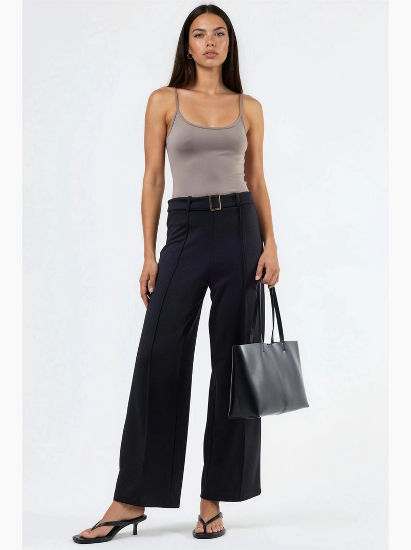 Broek met rechte pijp, hoge taille en riem busem Zwart - Kiabi