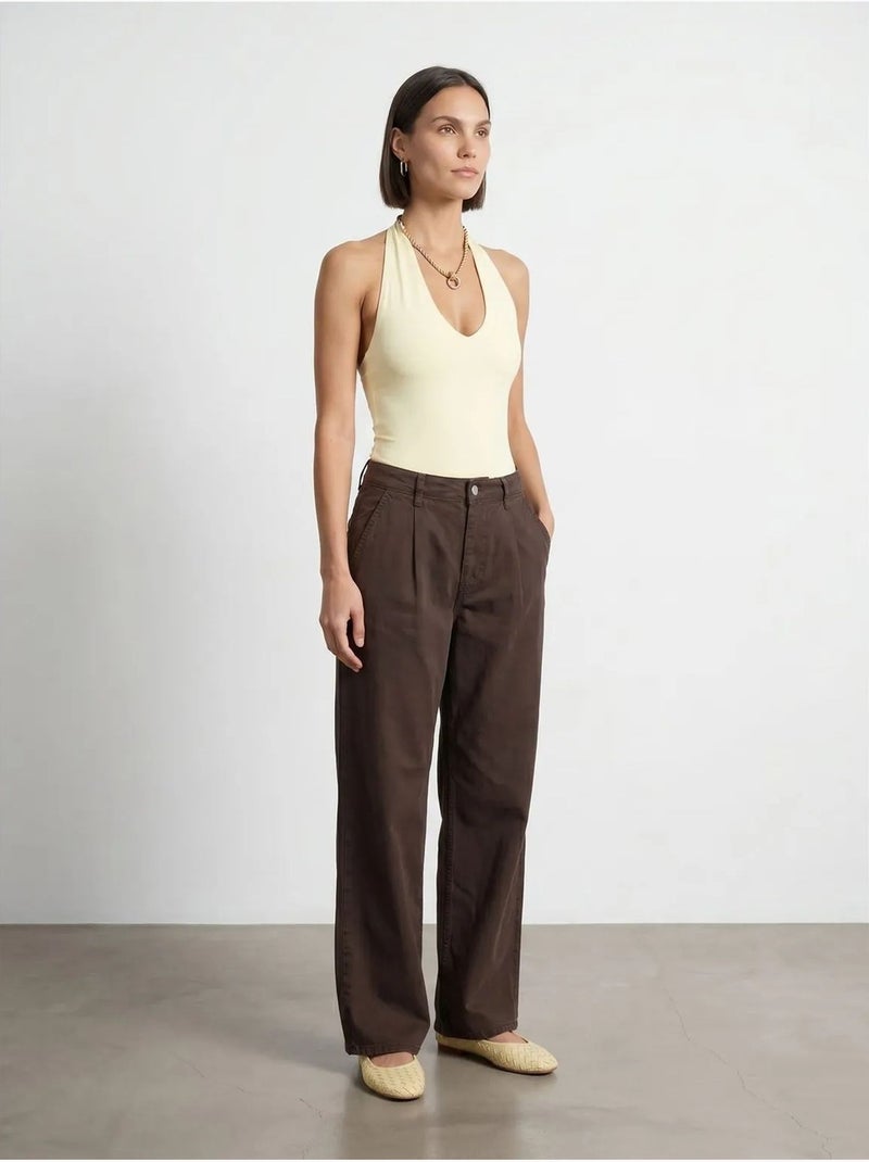 Broek met wijde pijp, middelhoge taille en plooien dilvin Bruin - Kiabi