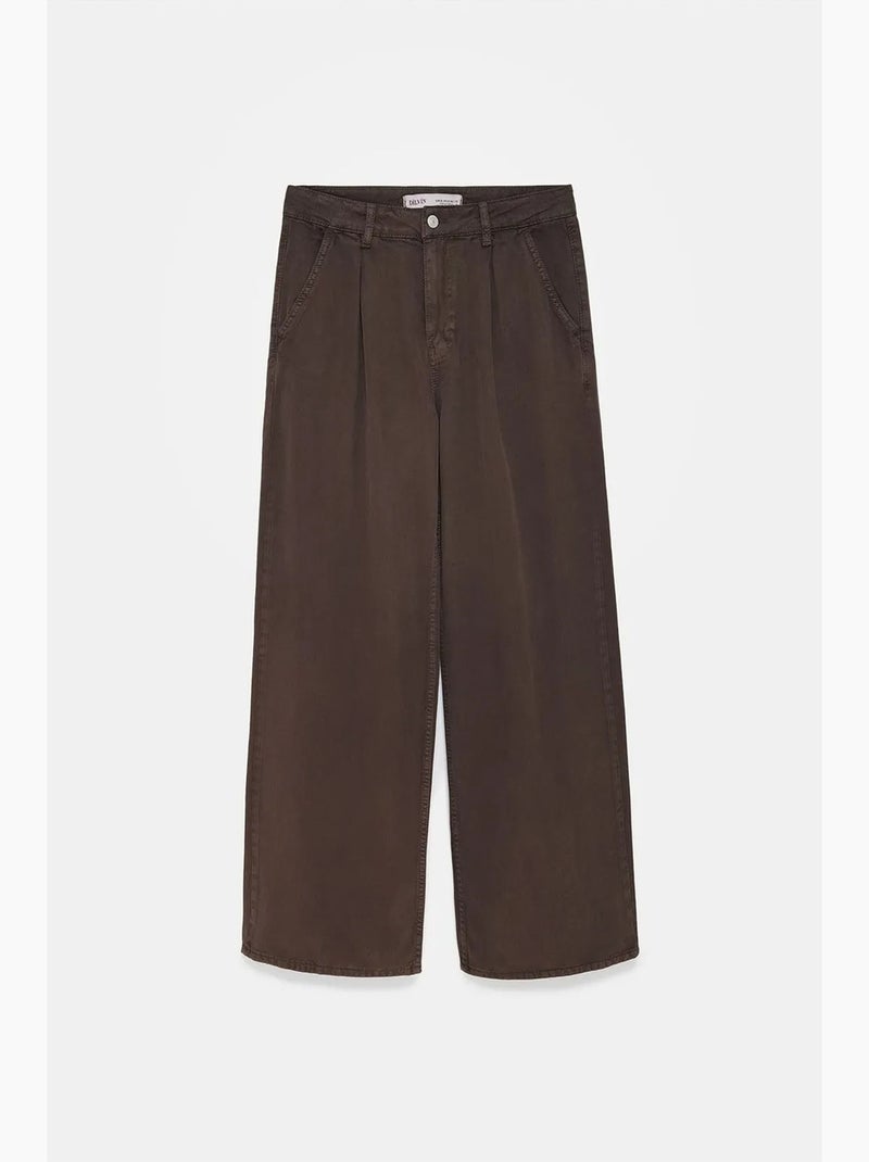 Broek met wijde pijp, middelhoge taille en plooien dilvin Bruin - Kiabi