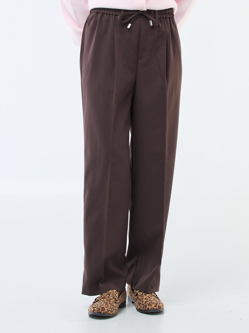 Broek met wijde pijpen, elastische tailleband + strikbandjes Bruin - Kiabi