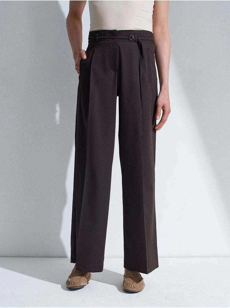 Broek met wijde pijpen en ceintuur dilvin Chocoladebruin - Kiabi