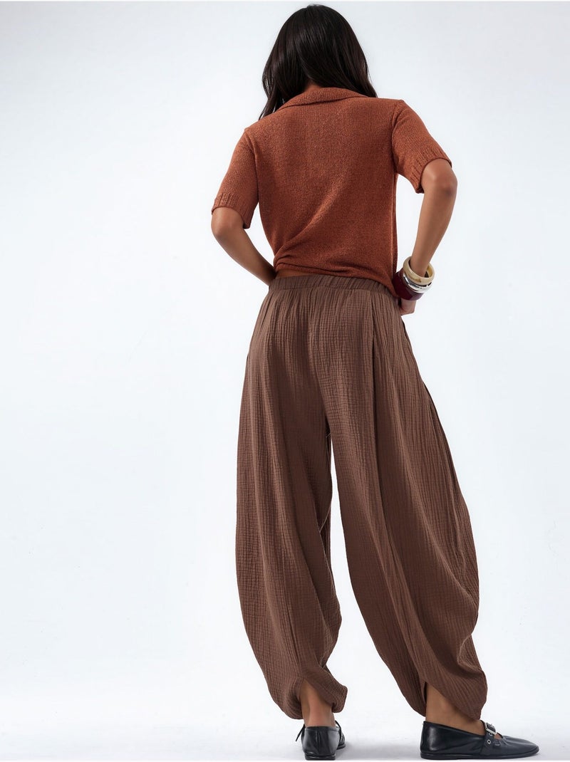 Broek met wijde pijpen en elastische taille busem Lichtbruin - Kiabi