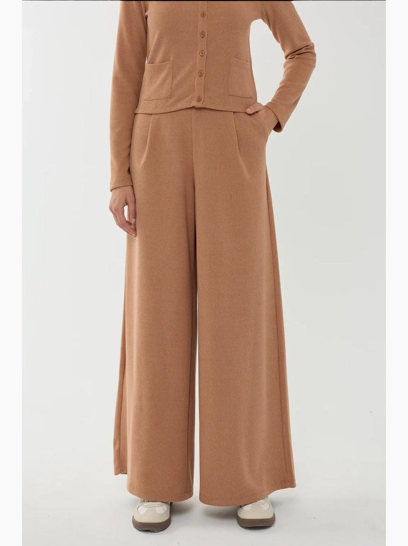 Broek met wijde pijpen en elastische taille hiccup Bruin - Kiabi