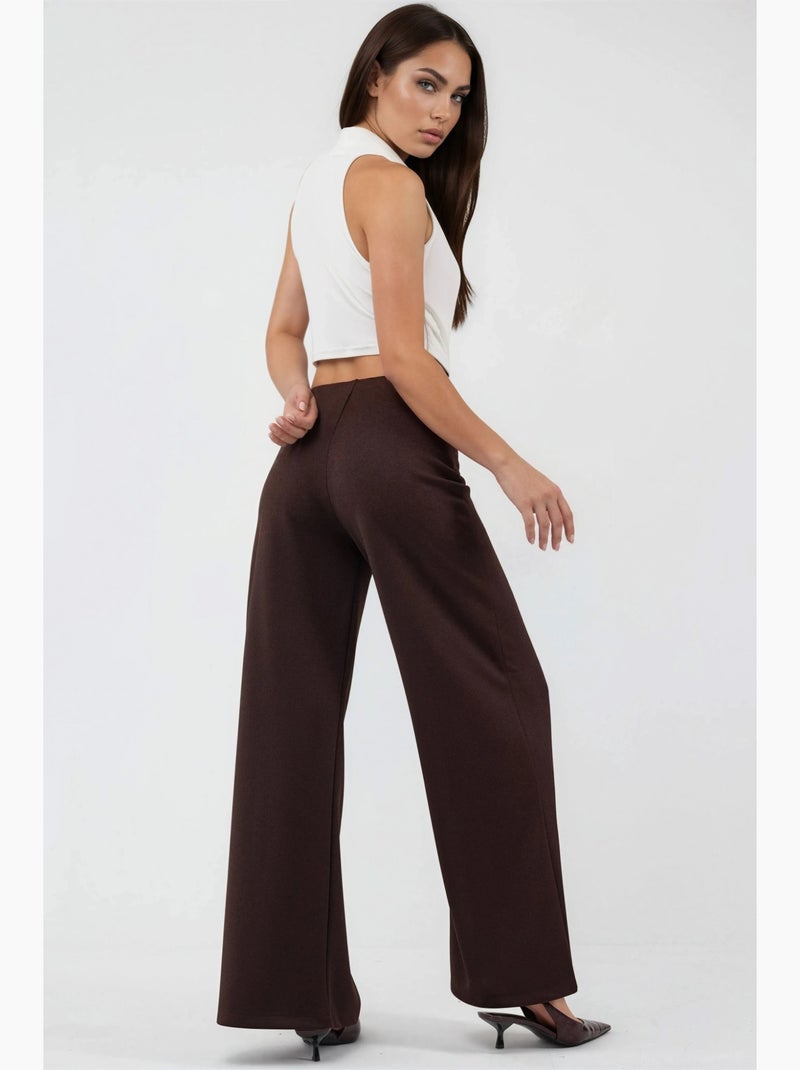 Broek met wijde pijpen en hoge taille busem Bruin - Kiabi