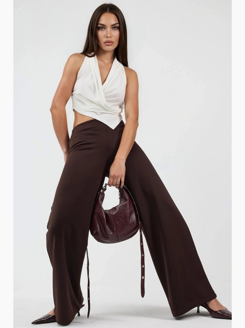 Broek met wijde pijpen en hoge taille busem Bruin - Kiabi