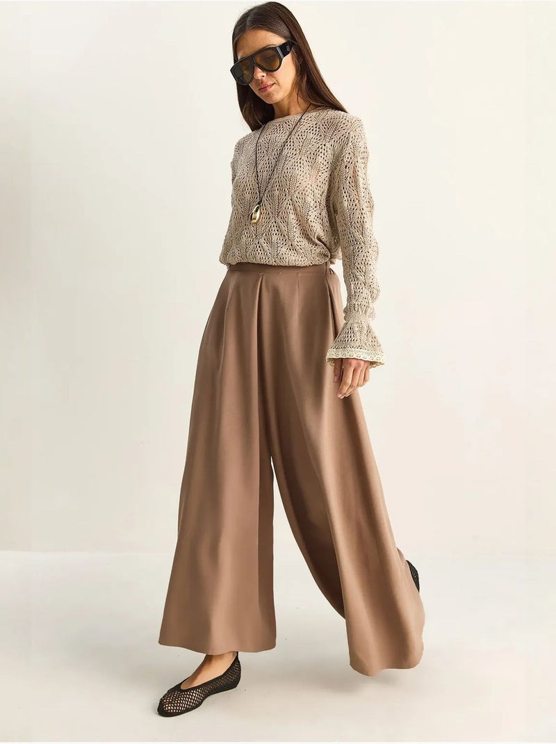 Broek met wijde pijpen en hoge taille lucci Taupe - Kiabi