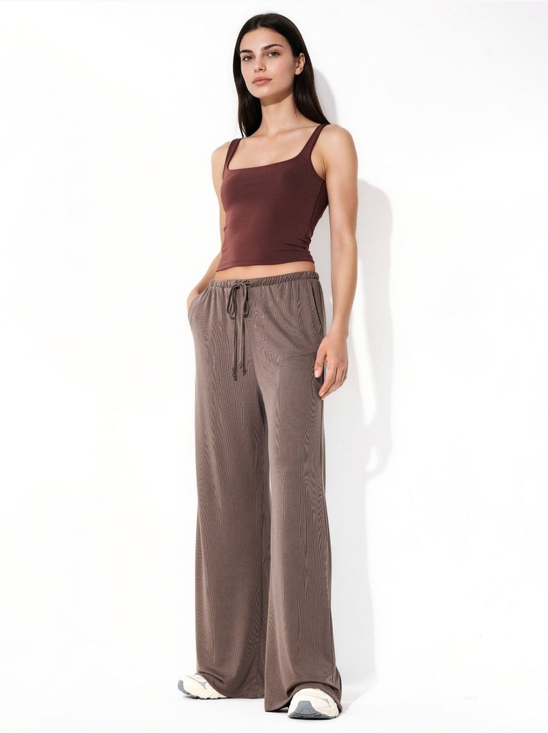Broek met wijde pijpen en trekkoord busem Taupe - Kiabi