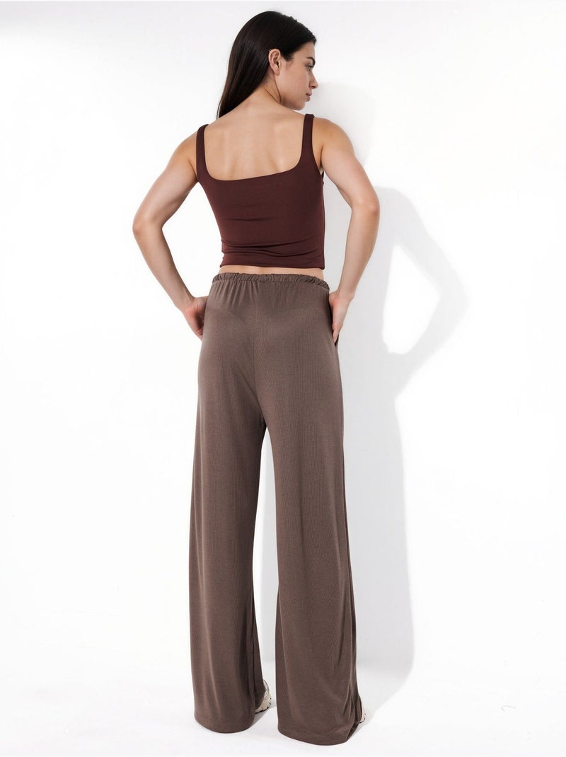 Broek met wijde pijpen en trekkoord busem Taupe - Kiabi