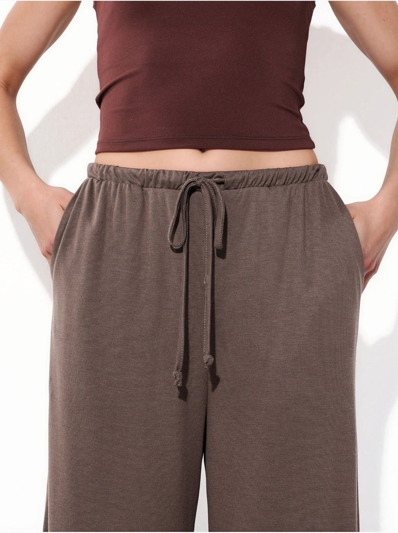 Broek met wijde pijpen en trekkoord busem Taupe - Kiabi