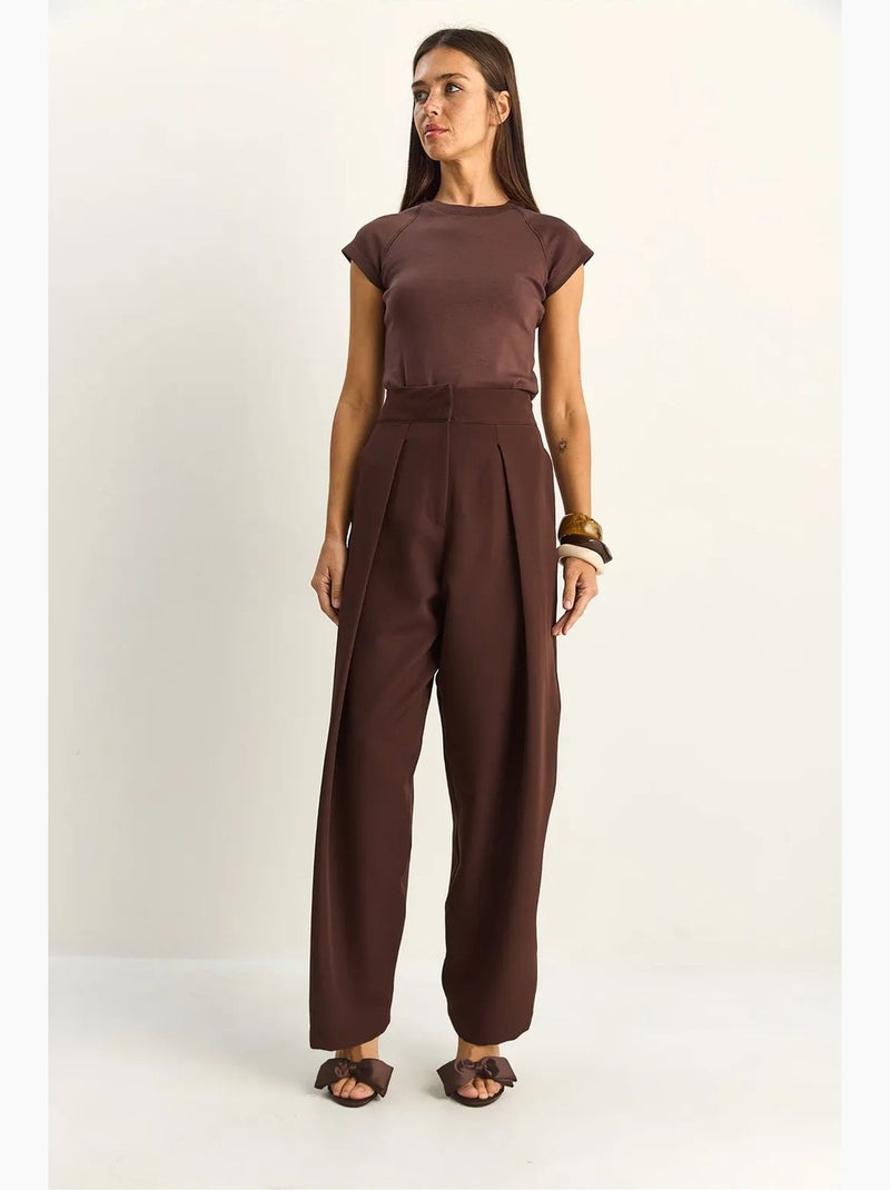 Broek met wijde pijpen, hoge taille en plooien lucci Donkerbruin - Kiabi