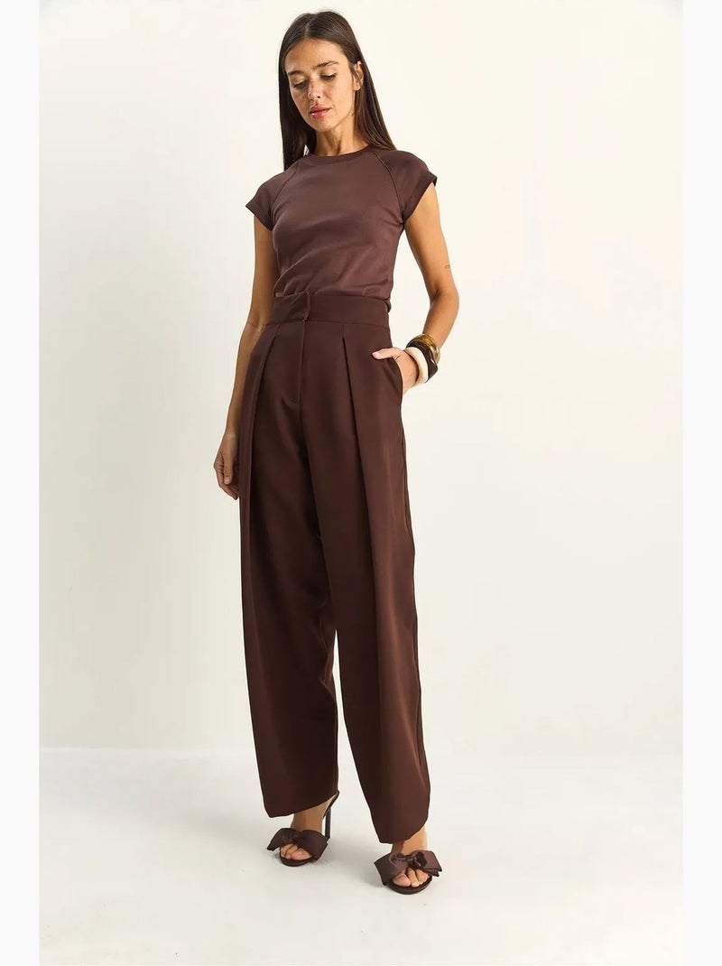Broek met wijde pijpen, hoge taille en plooien lucci Donkerbruin - Kiabi