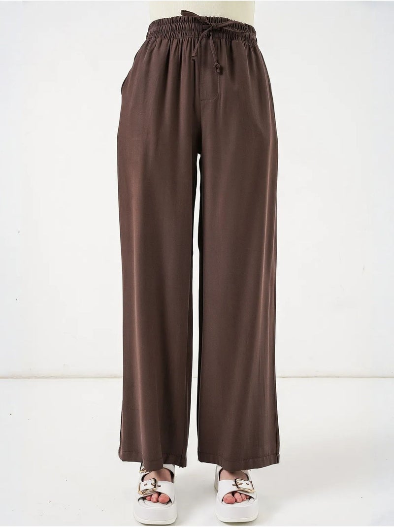 Broek met wijde pijpen, hoge taille en zak bdart Chocoladebruin - Kiabi