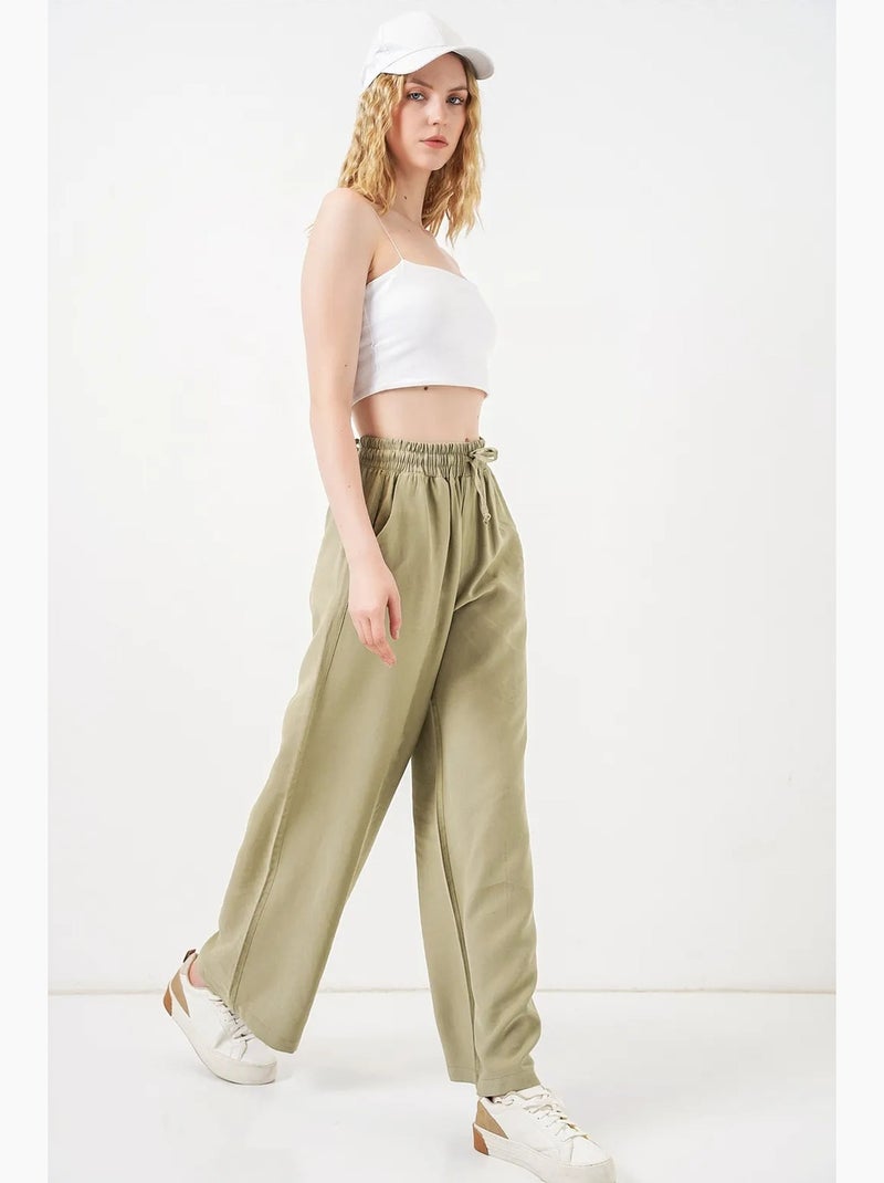 Broek met wijde pijpen, hoge taille en zak bdart Kaki - Kiabi
