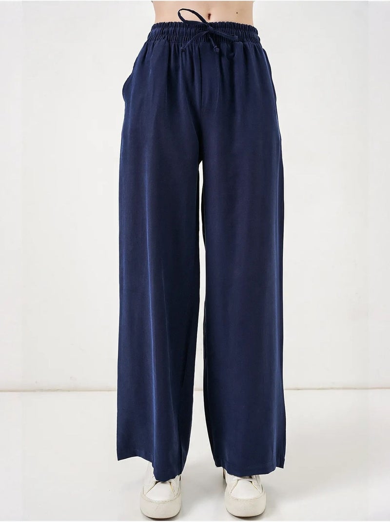 Broek met wijde pijpen, hoge taille en zak bdart Marineblauw - Kiabi