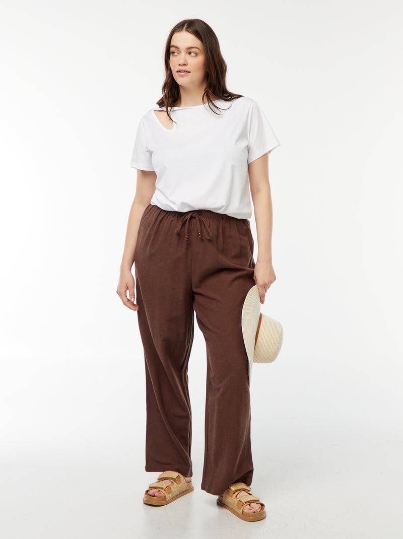 Broek met wijde pijpen van gemengd linnen bruin - Kiabi