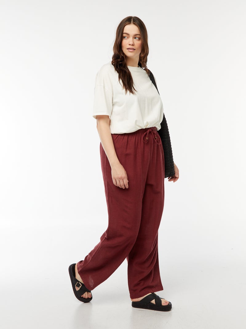 Broek met wijde pijpen van gemengd linnen Rood - Kiabi