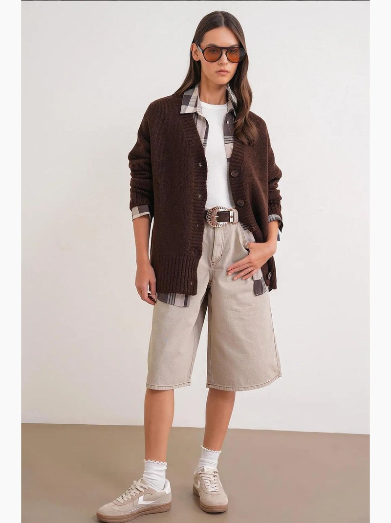 Button-up v-hals geribd gebreid vest met knopen mixray Donkerbruin - Kiabi