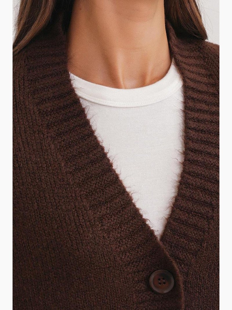 Button-up v-hals geribd gebreid vest met knopen mixray Donkerbruin - Kiabi