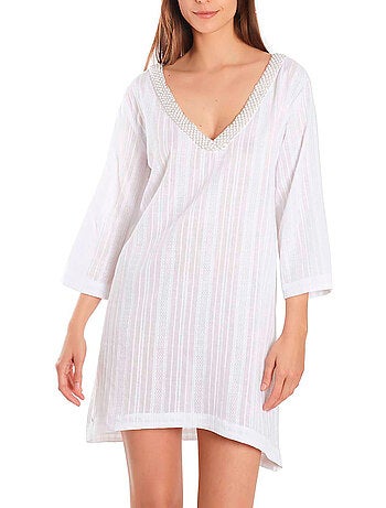Caftan de plage perles manches trois-quarts