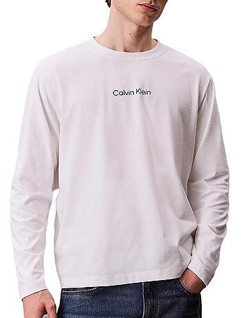 Calvin klein jeans heren t-shirt lange mouwen wit standaard pasvorm
