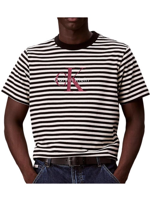 Calvin Klein Jeans Heren T-Shirt Zwart/Ecru met Streep - Kiabi Calvin Klein Jeans Heren T-Shirt Zwart/Ecru met Streep - Kiabi