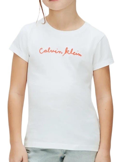 Calvin klein jeans meisjes t-shirt wit/oranje met script logo - Kiabi