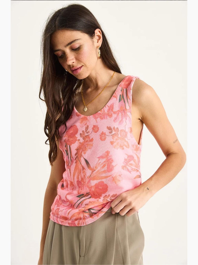 Cami fleuri en coton et élasthanne lucci Rose fluo/Solinotes - Kiabi