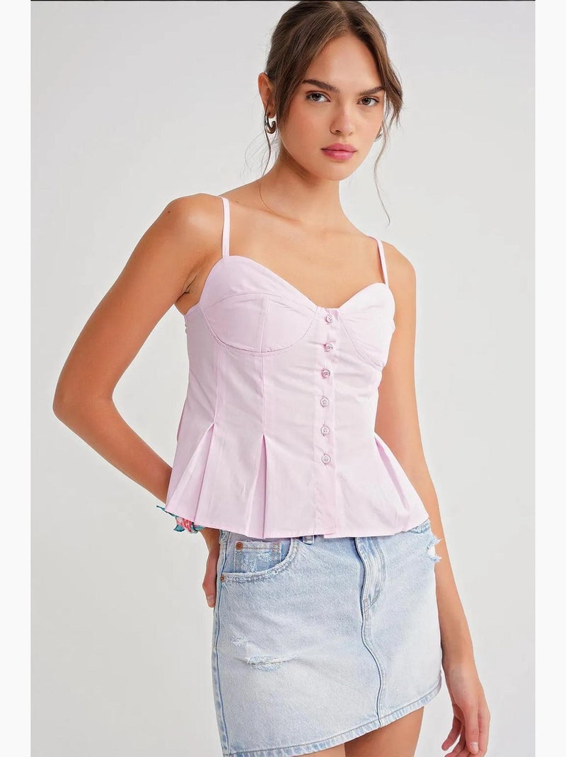 Cami top met sweetheart-halslijn en knoopsluiting aan de voorkant en peplum mixray Bleekroze - Kiabi