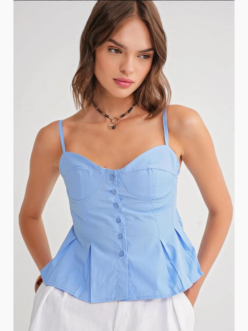 Cami top met sweetheart-halslijn en knoopsluiting aan de voorkant en peplum mixray Lichtblauw - Kiabi