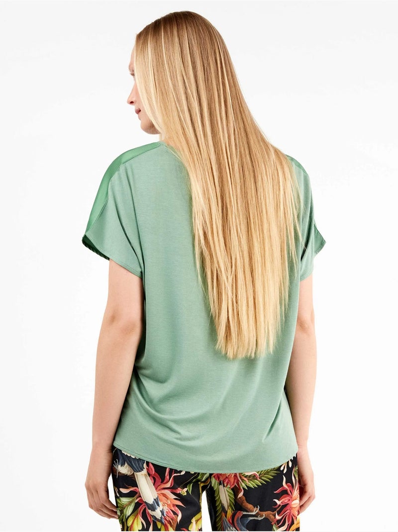 Camiseta manga corta con bolsillo delantero, de satén y punto Blauw Groen - Kiabi