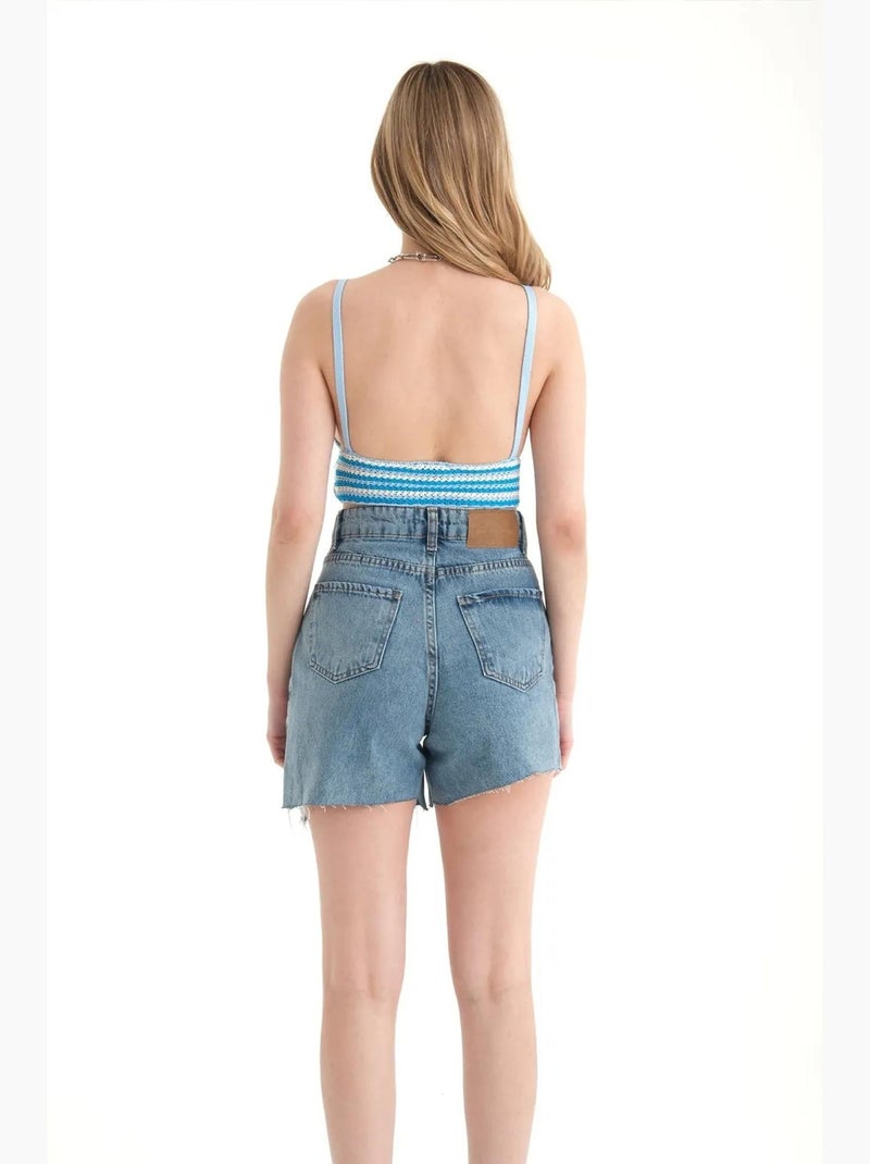 Camisole gestreept gehaakt v-hals kort hiccup Blauw - Kiabi