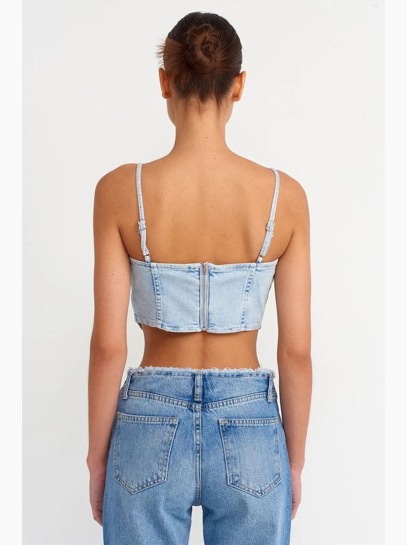 Camisole kort denim vierkante hals aansluitend dilvin Lichtblauw - Kiabi