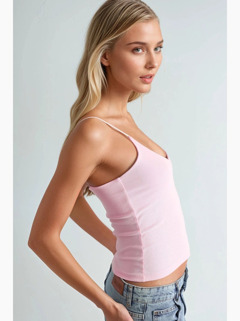 Camisole rib ronde hals aansluitend busem Bleekroze - Kiabi