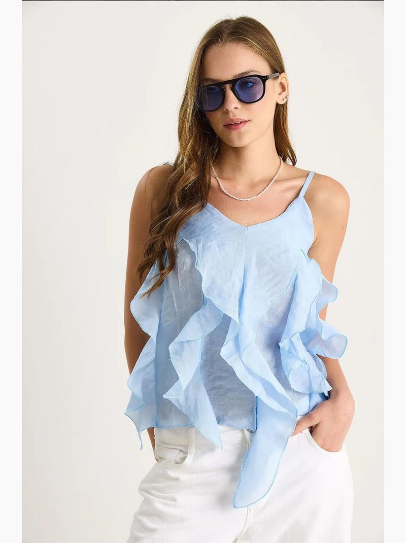Camisole v-hals katoen met ruches lucci Hemelsblauw - Kiabi