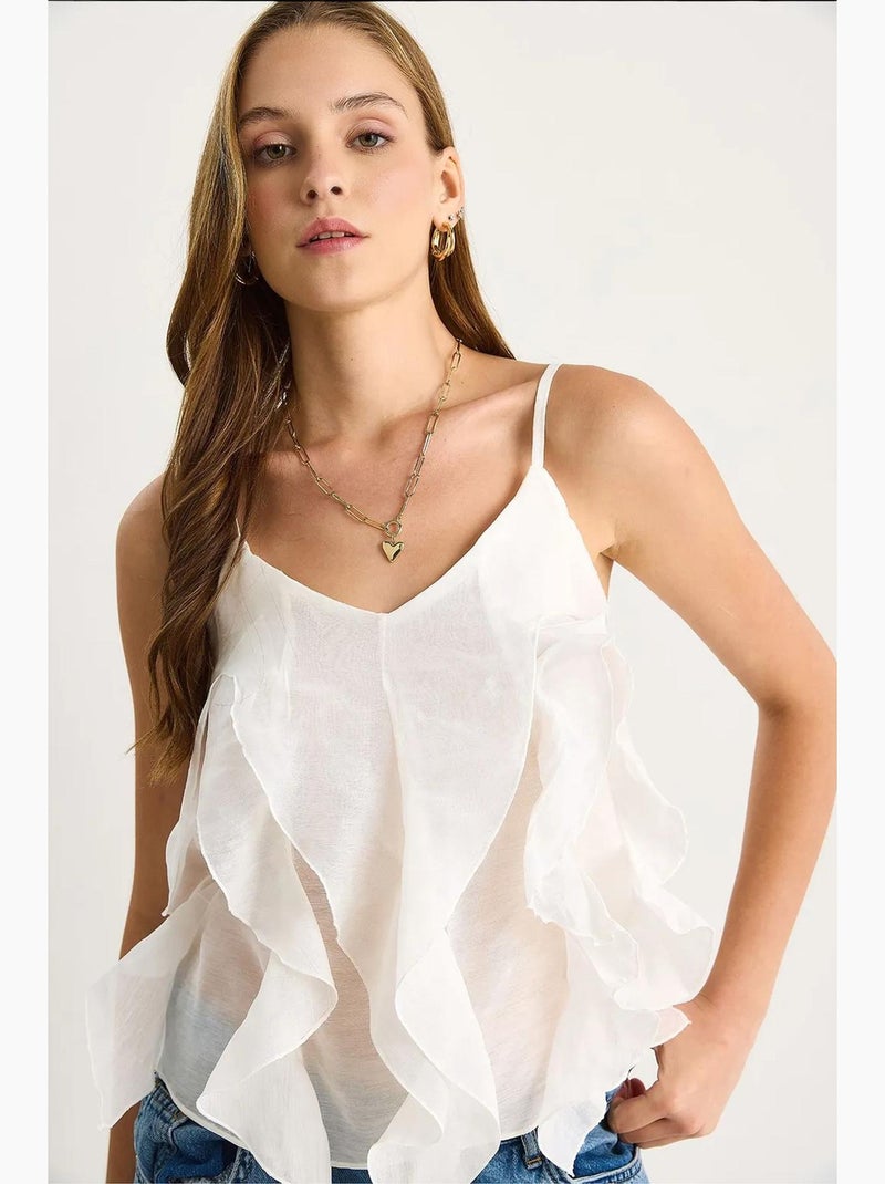 Camisole v-hals katoen met ruches lucci Wit - Kiabi