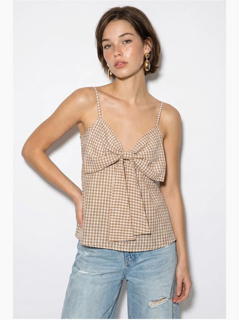 Camisole v-hals katoenmix met strik lucci Klei-beige - Kiabi