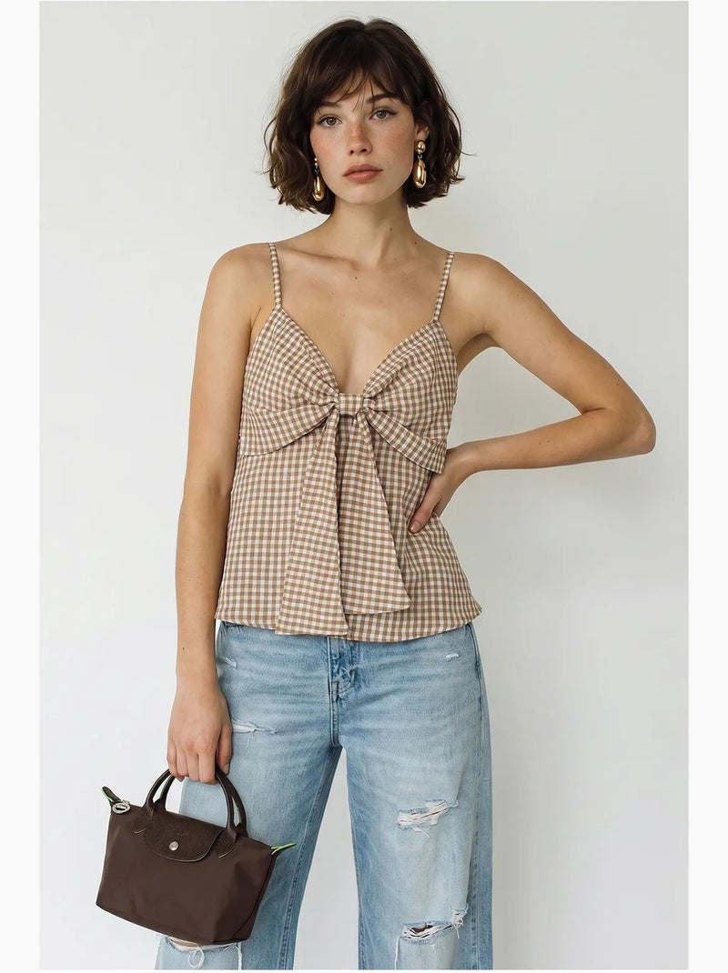 Camisole v-hals katoenmix met strik lucci Klei-beige - Kiabi