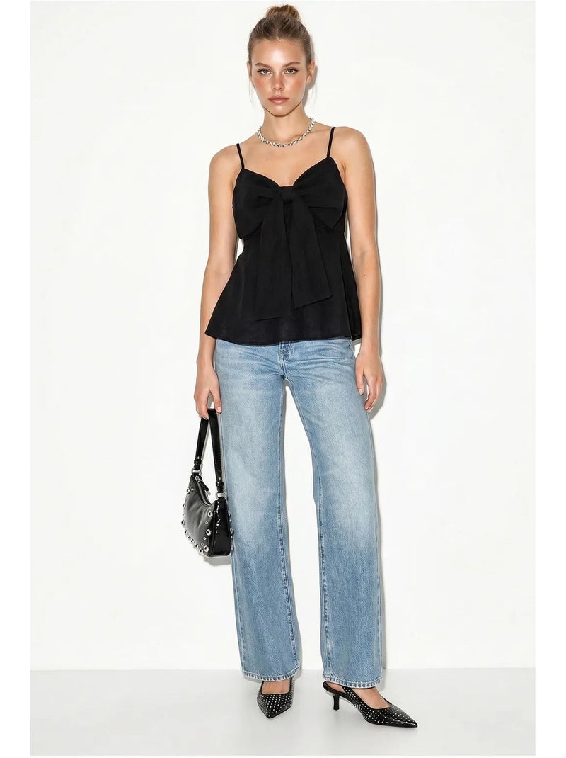 Camisole v-hals katoenmix met strik lucci Zwart - Kiabi