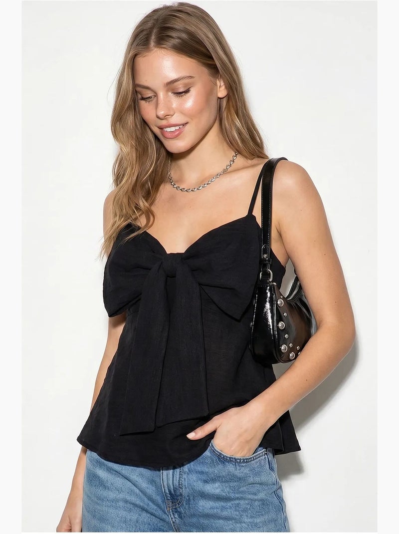 Camisole v-hals katoenmix met strik lucci Zwart - Kiabi