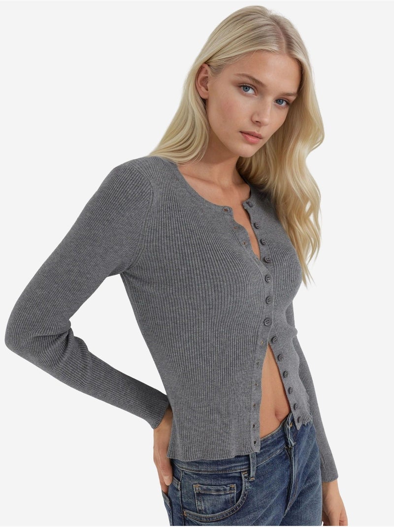 Cardigan ajusté à manches longues et col ras du cou hiccup Gris - Kiabi