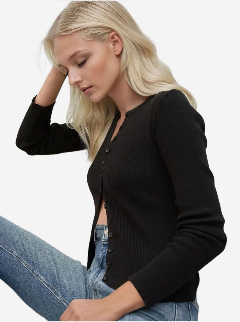 Cardigan ajusté à manches longues et col ras du cou hiccup Noir - Kiabi
