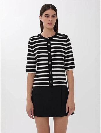 Cardigan boutonné à rayures et manches courtes