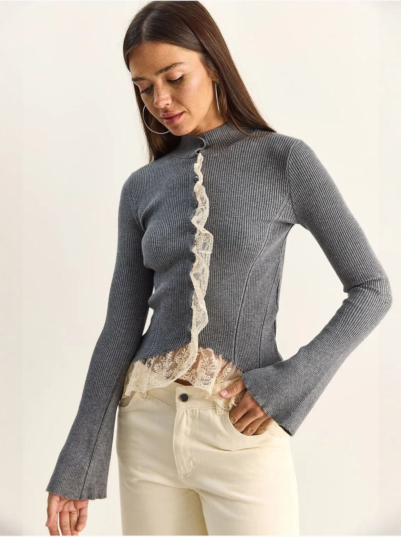 Cardigan côtelé à demi col roulé lucci Gris - Kiabi