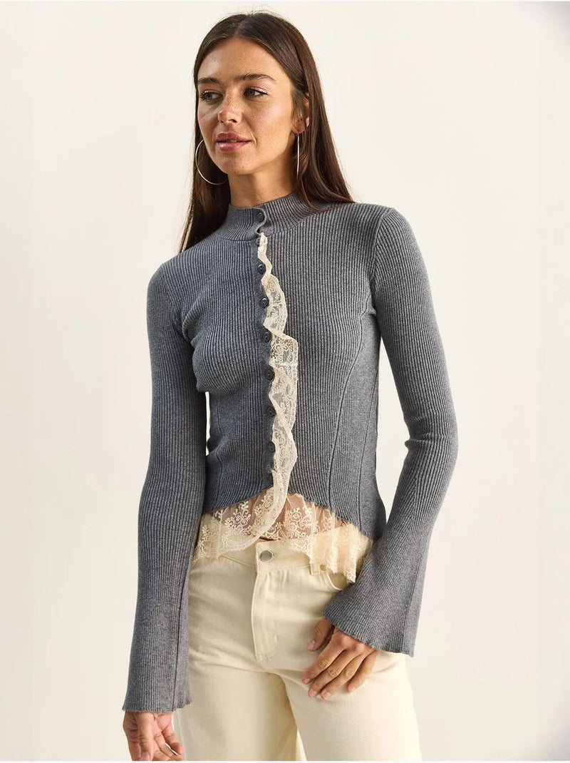 Cardigan côtelé à demi col roulé lucci Gris - Kiabi