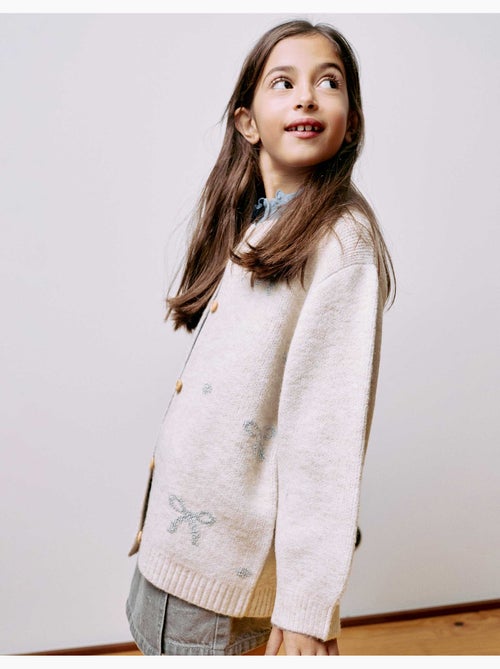 Cardigan en maille avec nœuds et pois jacquard - Kiabi Cardigan en maille avec nœuds et pois jacquard - Kiabi