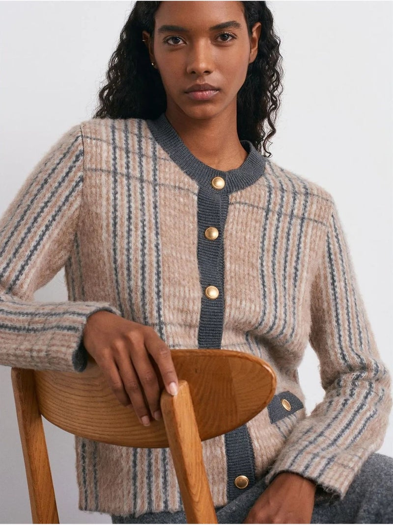 Cardigan jacquard à carreaux et col rond dilvin Multicolore - Kiabi